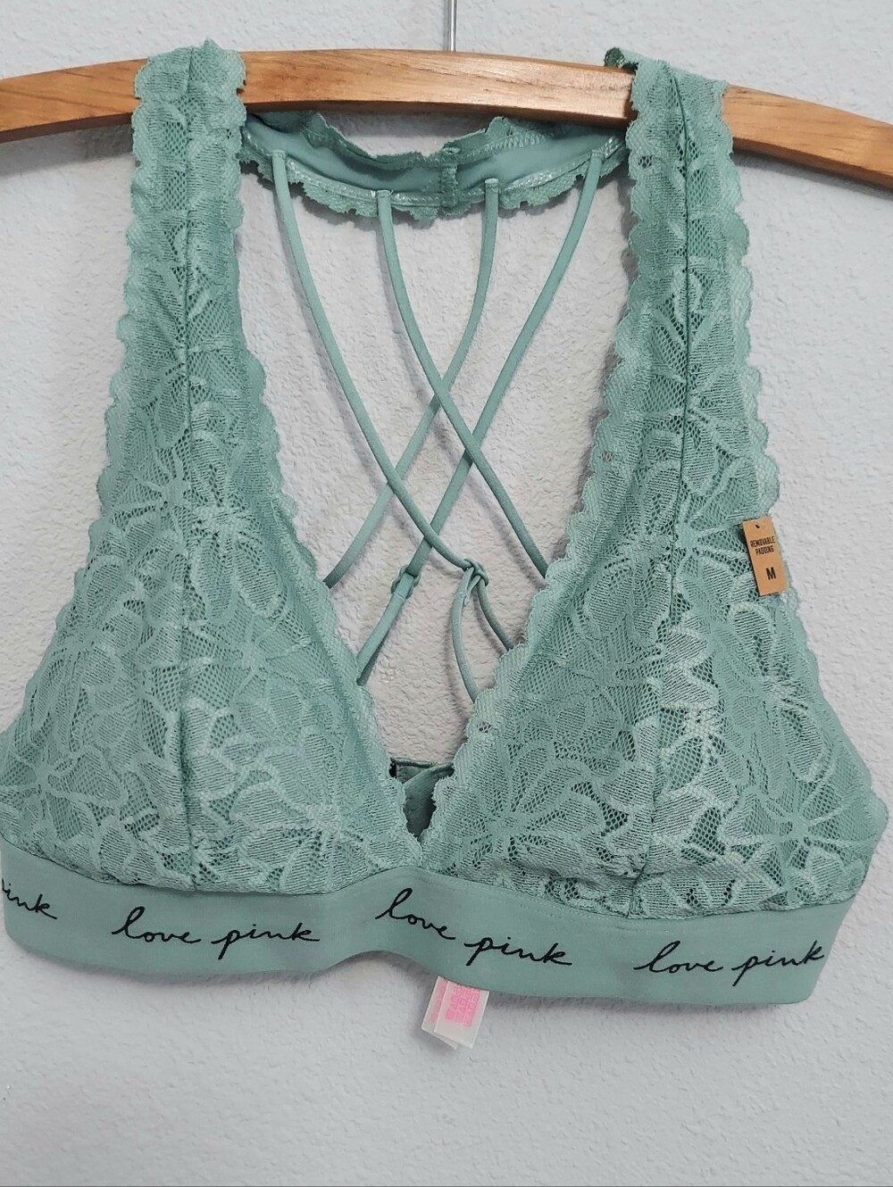 NWT PINK Victoria's Secret Halter Sage Green Lace Bralette Medium